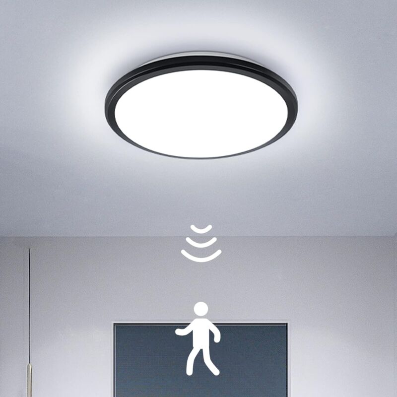 Comely - Plafonnier led rond noir 24W, IP54 6500K Plafonnier led moderne, avec détecteur de mouvement, Luminaire Plafonnier pour salle de bain,