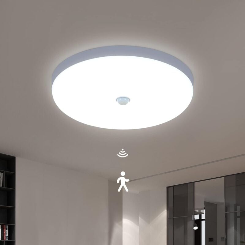 Plafonnier led avec Détecteur de Mouvement, 30W 6600K Lampe de Plafond Moderne Lumière Blanche Froide, 25CM Plafonnier Rond Blanc pour Cuisine,
