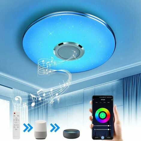 Plafonnier LED avec haut-parleur WiFi, télécommande, contrôle par application, effets lumineux RGB, compatible avec Alexa et Google Home, 36W, 29cm.