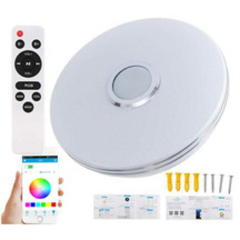 Plafonnier LED Bluetooth 30 cm avec Haut-Parleur – Lampe de Plafond Ronde RGB Multicolore pour Chambre Salon（Modèle 36W 30cm à double fil argenté avec application musicale Bluetooth colorée + télécomm