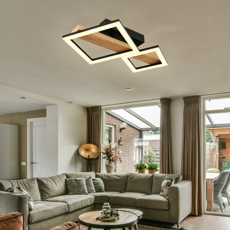 Plafonnier led bois salon plafonnier design plafonnier carré, métal mdf, 19W 1150Lm blanc chaud, LxPxH 48x30x10