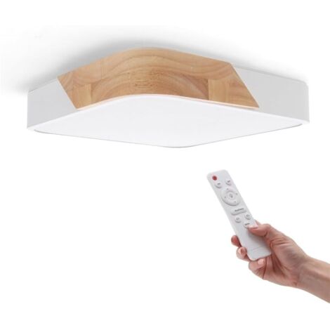 Plafonnier LED Carré 24W - 1 Unité - Blanc et Bois - Réglable 2700K-6500K - Salon Cuisine Salle de Bain - 2400LM