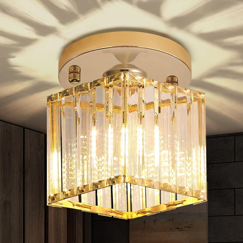 Ineasicer - Plafonnier led carré en cristal doré pour cuisine, chambre, couloir, entrée, Lumière tricolore, salle de bain