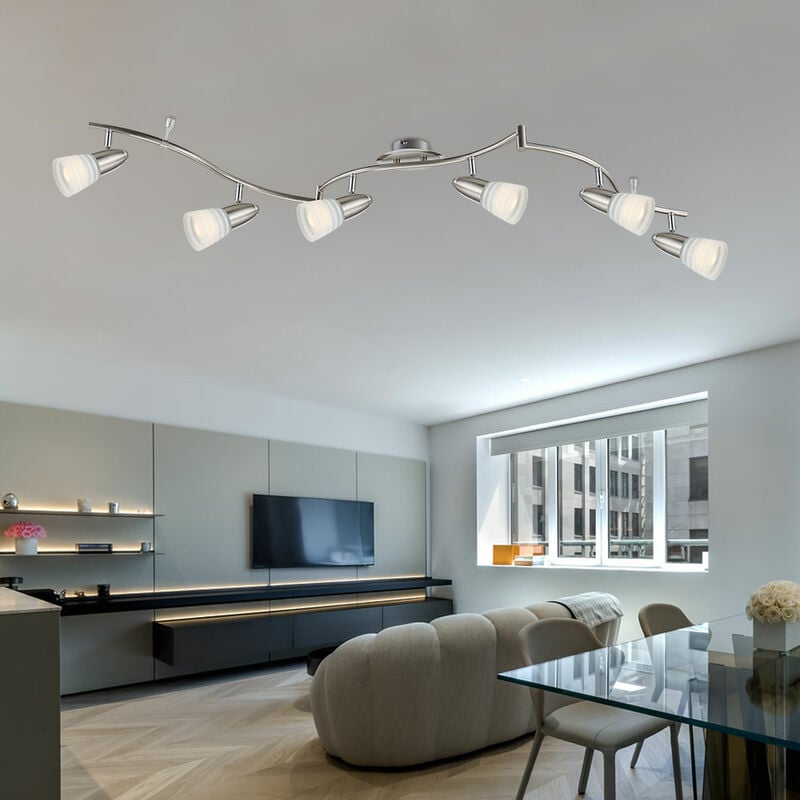 Plafonnier led spot lampe de salon lampe de chambre spot de plafond, métal verre chrome nickel, 6 spots mobiles, 4W 350lm 3000K blanc chaud, l 145 cm