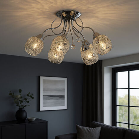 Plafonnier LED chrome cristal spot plafonnier cristaux 5 ampoules, maille chromée, 5x 8W 600lm blanc chaud, DxH 54x22 cm