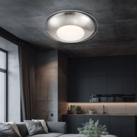 Plafonnier LED chromé pour salon, plafonnier rond avec miroir, transparent satiné, 12W 960Lm blanc chaud, DxH 26x10 cm