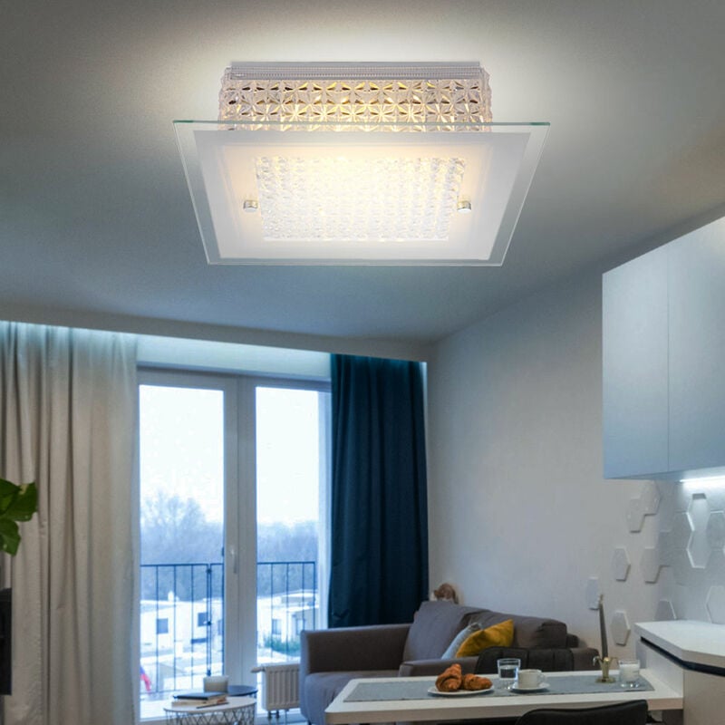 Plafonnier led cristaux cristal clair verre opale plafonnier salon, métal chromé, led 12W 1030Lm blanc chaud, LxPxH 30x30x8 cm