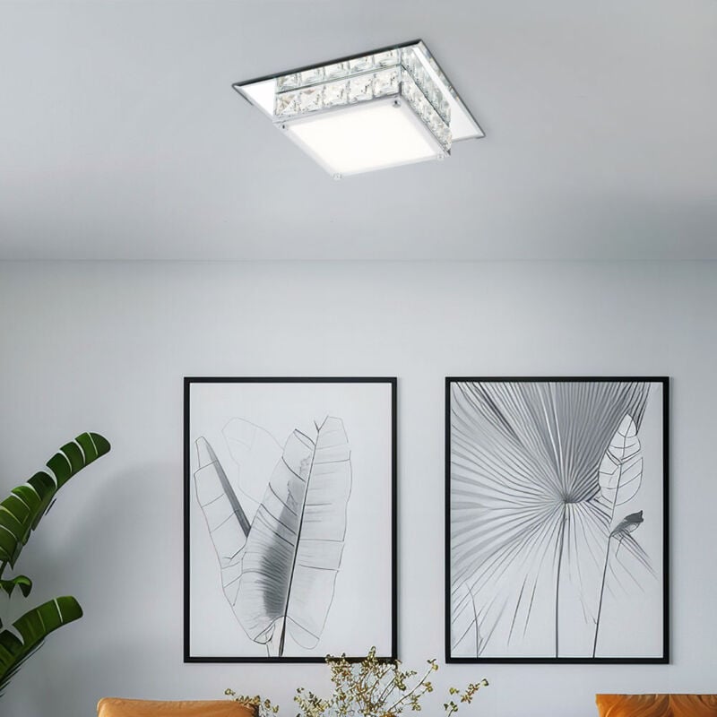 Plafonnier led cristaux salon lumière chrome plafonnier verre cristal lumière, 12W 720Lm blanc neutre, LxlxH 25x25x7,6 cm