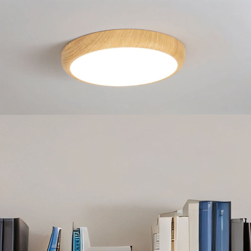 Plafonnier led d : 22,5 cm rond en bois (pin) blanc blanc neutre 4400 k 2070 lm