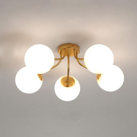 Plafonnier LED de style médiéval, lumière blanche (6000K), avec 5 ampoules, lustre en verre, convient pour la salle à manger et le salon.