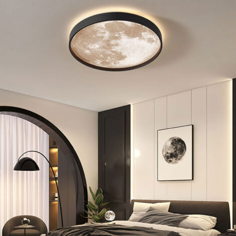 Plafonnier LED design lune 3000K-6000K à variation continue avec télécommande, fixation encastrée moderne, noir, pour chambre et couloir