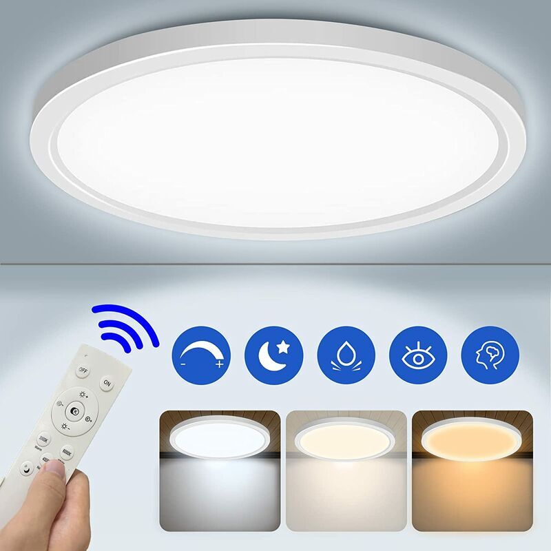 Plafonnier LED Dimmable, 24W 2400LM 3000K-6000K, Lampe Plafond Réglable avec Télécommande, IP44 Imperméable, 30CM2.5 Ultra-mince Plafonnier pour
