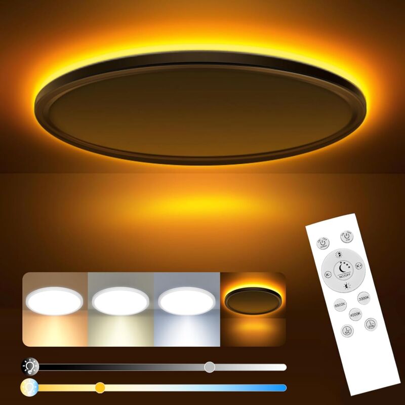 Plafonnier LED Dimmable, 24W 2800LM Plafonnier Led avec Télécommande, 1800K Veilleuse de Couleur Chaude, 3000K-6500K Plafonnier Rond Ultra Fin pour