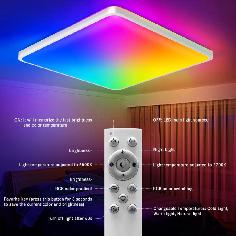 Plafonnier led Dimmable, 24W rgb Plafonnier led, Smart App Plafonnier,chambre salon 2400lm Alexa Lampe avec Télécommande - Comely