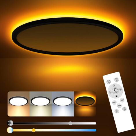Plafonnier LED Dimmable, Lampe de Plafond 24W 2800LM avec Télécommande, 1800K Veilleuse de Couleur Chaude, 3000K-6500K Luminaire Plafonnier Rond pour Salon, Chambres d'enfantsØ30CM-Noir [Classe énergé