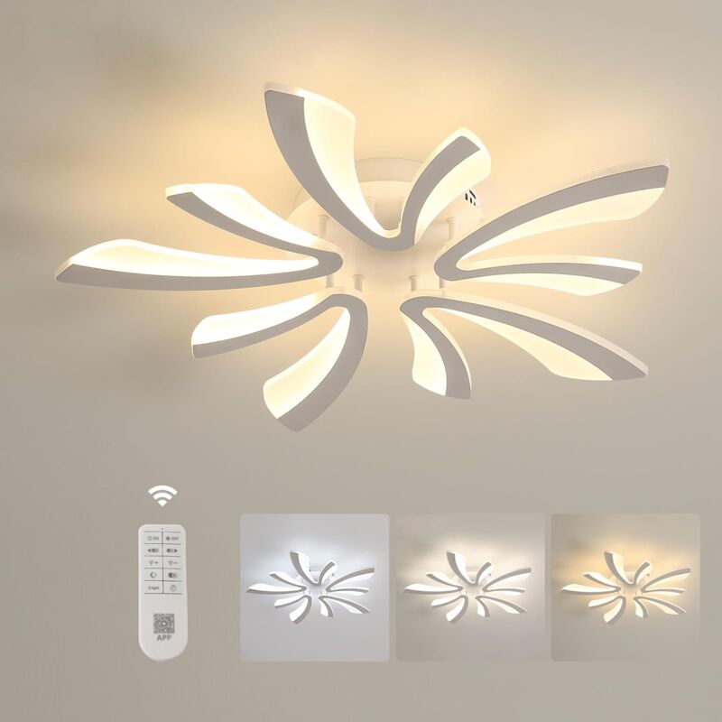 Plafonnier led en Acrylique Blanc en Forme de v, 48W 5400LM, Diamètre 70cm - Parfait pour Chambre, Salle à Manger (Avec Télécommande Dimmable