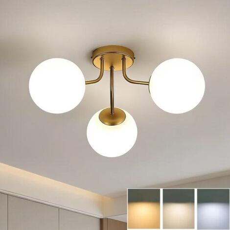 Plafonnier LED doré, 3000-6000K, abat-jour en verre, luminaire décoratif, idéal pour la salle à manger et le salon.