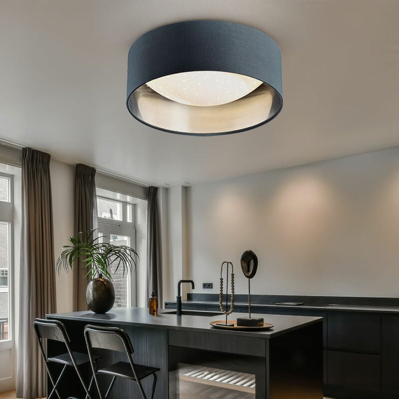 Plafonnier led effet étoile lampe de salon abat-jour textile gris argent plafonnier moderne, blanc rond, 12W 1300Lm blanc neutre, DxH 32x11 cm