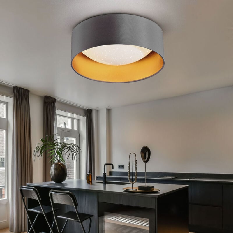 Plafonnier led effet étoilé Lampe de salon Abat-jour textile taupe or Plafonnier Moderne, blanc rond, 12W 1300Lm blanc neutre, DxH 32x11 cm