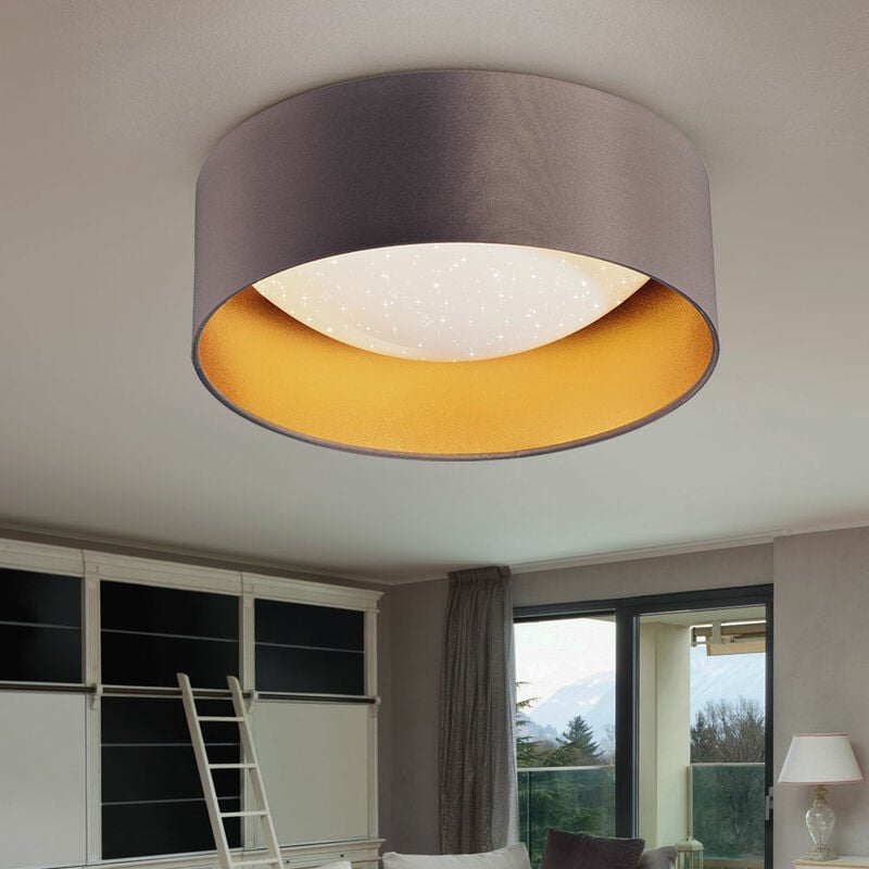 Plafonnier led effet étoile lampe de salon abat-jour textile or taupe Plafonnier moderne, blanc rond, 12W 1300Lm blanc neutre, DxH 32x11 cm