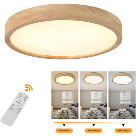 Plafonnier LED en bois, dimmable avec commande, plafonniers ronds en bois 36 W Ø40 cm pour salon, cuisine, salle à manger, bureau à domicile, chambre d'enfant