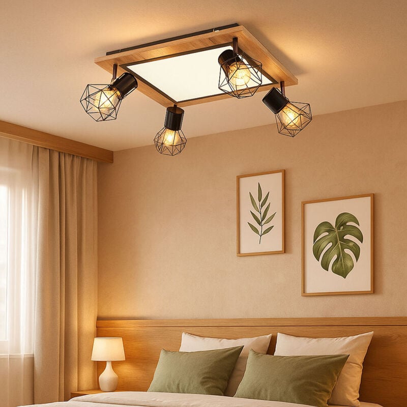 Plafonnier led en bois, lampe de salon, lampe de salle à manger, fonction mémoire, spots mobiles, 24W 1800lm 3000K blanc chaud, h 22,5 cm