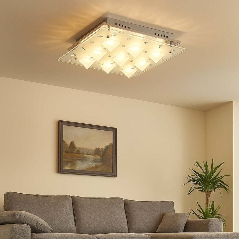 Lampe de plafond cristal led plafonnier chromé lampe de salon, verre satiné, 9x 3W, 9x240lm 3000K, LxlxH 38x38x14 cm