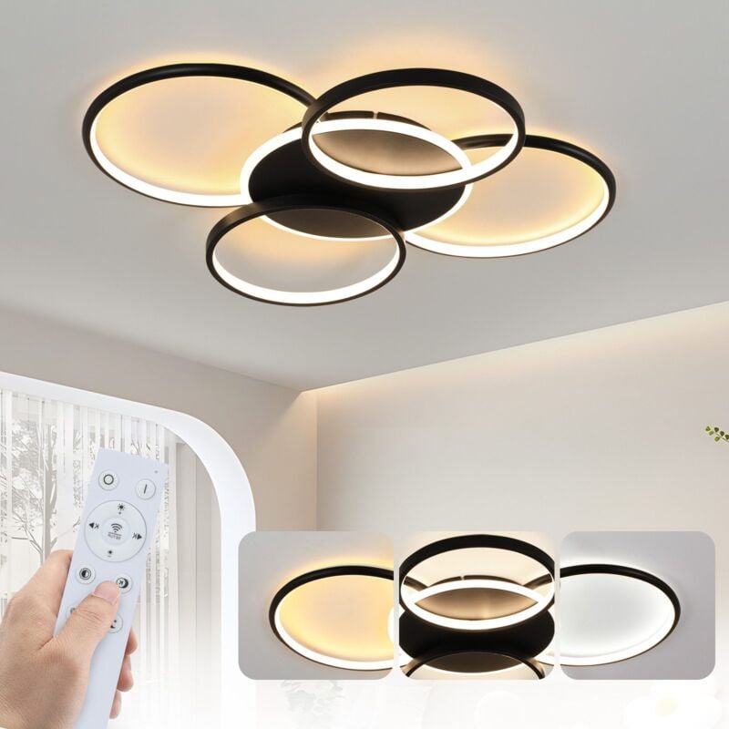 Plafonnier led Gbly Lampe de Salon dimmable 70W avec télécommande Lampe de Chambre Noire à 5 Anneaux éclairage de Plafond Acrylique Moderne pour