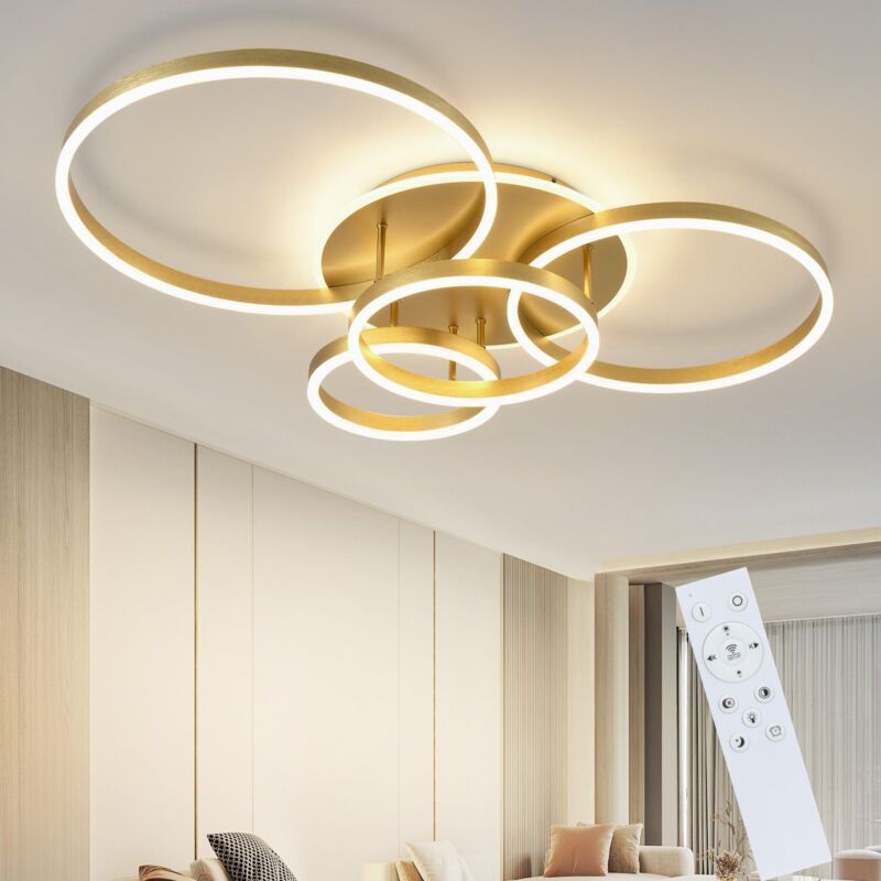 Plafonnier led Gbly Plafonnier Salon - 98CM Lampe de salon Dimmable Design moderne 90W Lampe de chambre à coucher avec télécommande Or 4 anneaux en