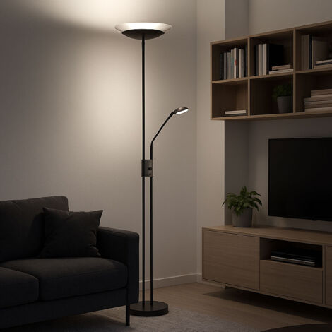 Plafonnier LED lampadaire salon lampe de chambre, métal verre noir plastique fumé, bras de lecture dimmable orientable Flexo, 18W 1140lm 3000K blanc chaud, H 178,5 cm