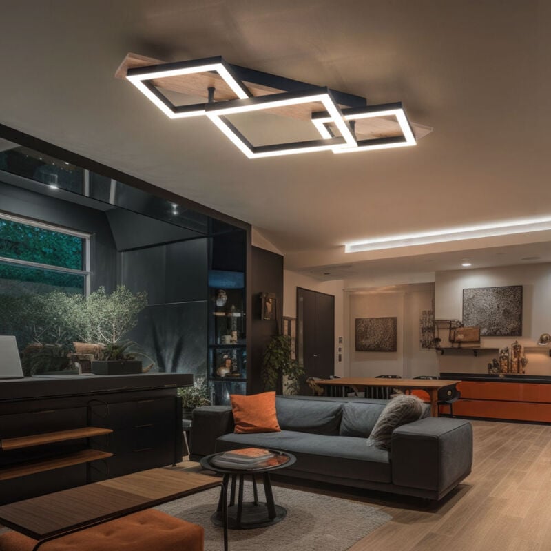 Plafonnier led lampe de salon plafonnier lampe de salle à manger lampe de cuisine, métal plastique aspect bois noir, 24W 1400lm 3000K blanc chaud, w