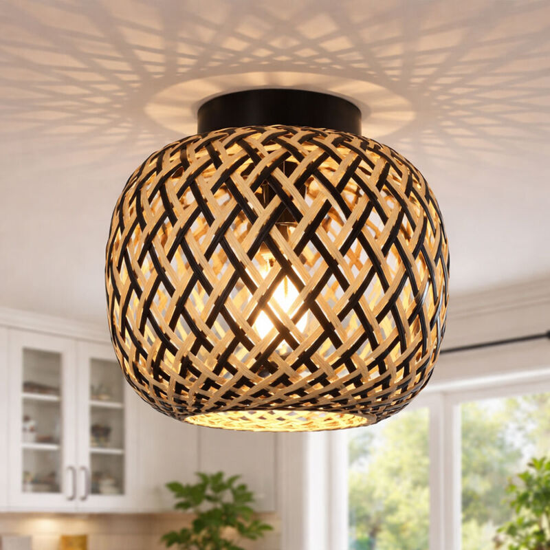 Plafonnier LED Lampe de salon Style Boho Bamboo Lampe de table, métal tressé, 1x 7W 630Lm blanc chaud, DxH 20x19,5 cm