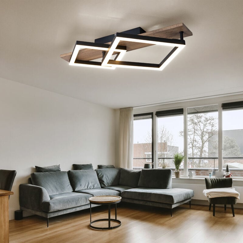 Plafonnier led lampe design lampe de salon lampe de salle à manger, métal noir aspect bois plastique, 18W 1050lm 3000K blanc chaud, l 47,5 cm