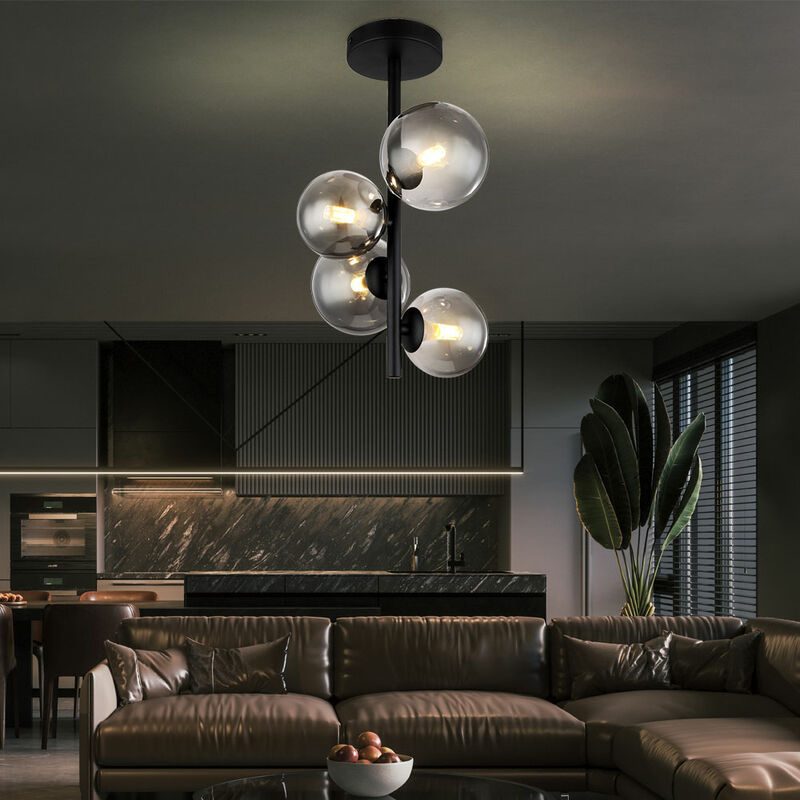 Plafonnier LED, lampe salon, luminaire salle à manger, plafonnier 4 flammes, verre fumé, 4x G9 LED 4x 80 Lm 3000K, H 40 cm