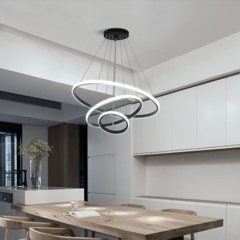 Plafonnier LED, Lustre Moderne LED 76W en Forme de Cercle Noir, 3 Anneaux, Suspension en Aluminium 6000K
