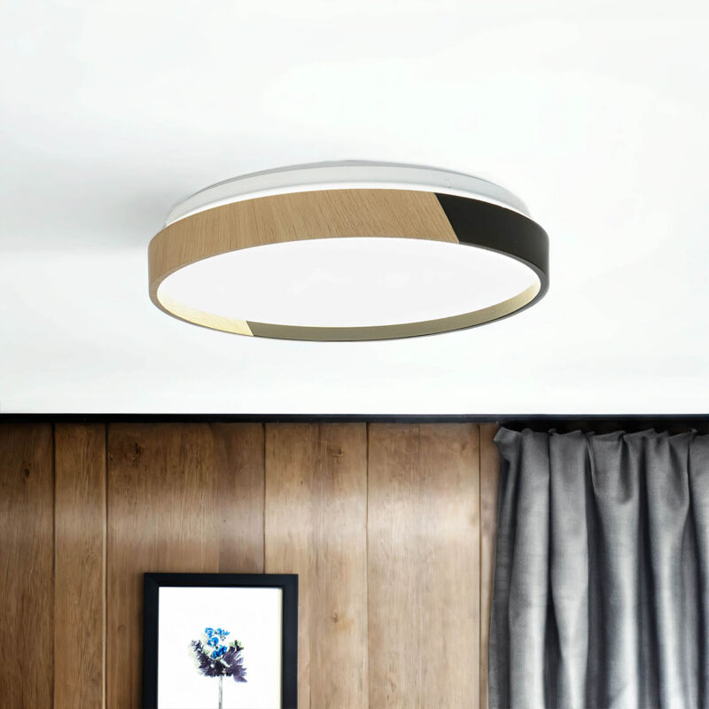 Licht-erlebnisse - Plafonnier led métal d : 33 cm IP44 bois (chêne) noir rond 4000 k lumière blanc neutre 970 lm