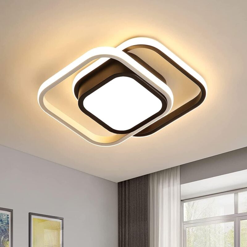 Comely - Plafonnier led 32W Moderne à Double Carré, pour Salon, Chambre, Cuisine, Couloir - Noir et Blanc - Lumière Chaude 3000K - 15 cm Puisard