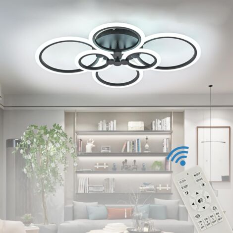 Plafonnier LED moderne à intensité variable, plafonnier encastré à 6 anneaux, abat-jour en acrylique, télécommande, lustre LED noir pour maison, bureau, chambre à coucher