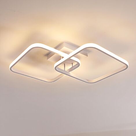 Plafonnier LED Moderne, Lampe de Plafond avec 2 Flammes Carrées, 50W 5600LM, Lumière Chaude 3000K, Luminaire Plafonnier LED en Acrylique pour Chambre à Coucher, Salon, Blanc 69CM