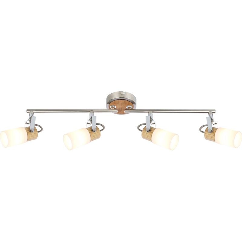 Spot bar plafonnier lampe en bois spot spot lampe salon, 4 spots flamme mobile métal bois argent marron opale, 4x led 4 watt 400 lumens blanc chaud,