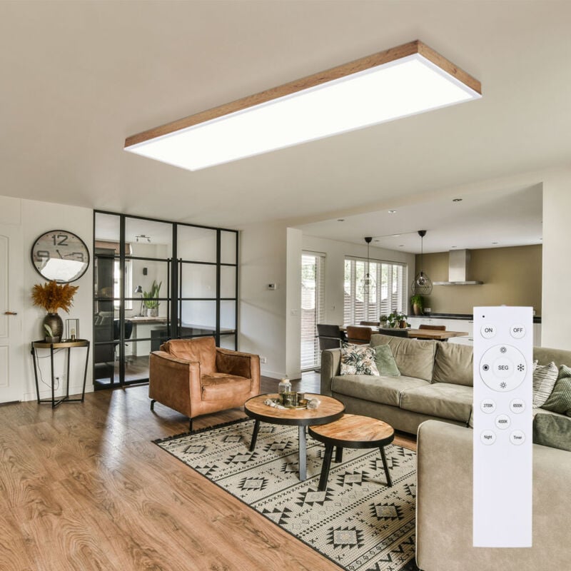 Plafonnier LED, plafonnier de salon, lampe de salle à manger, aluminium plastique aspect bois blanc MDF, télécommande dimmable mémoire CCT/minuterie