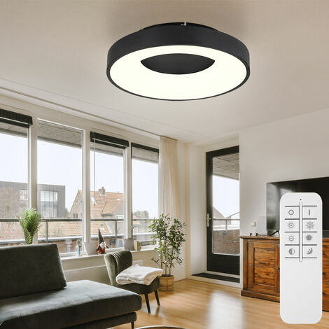 Plafonnier LED plafonnier lampe de salon ronde CCT lumière du jour avec télécommande, métal opale plastique noir, veilleuse/mémoire à intensité variable, 31 watts 1800 lumens 2700-6500 K, D 40 cm