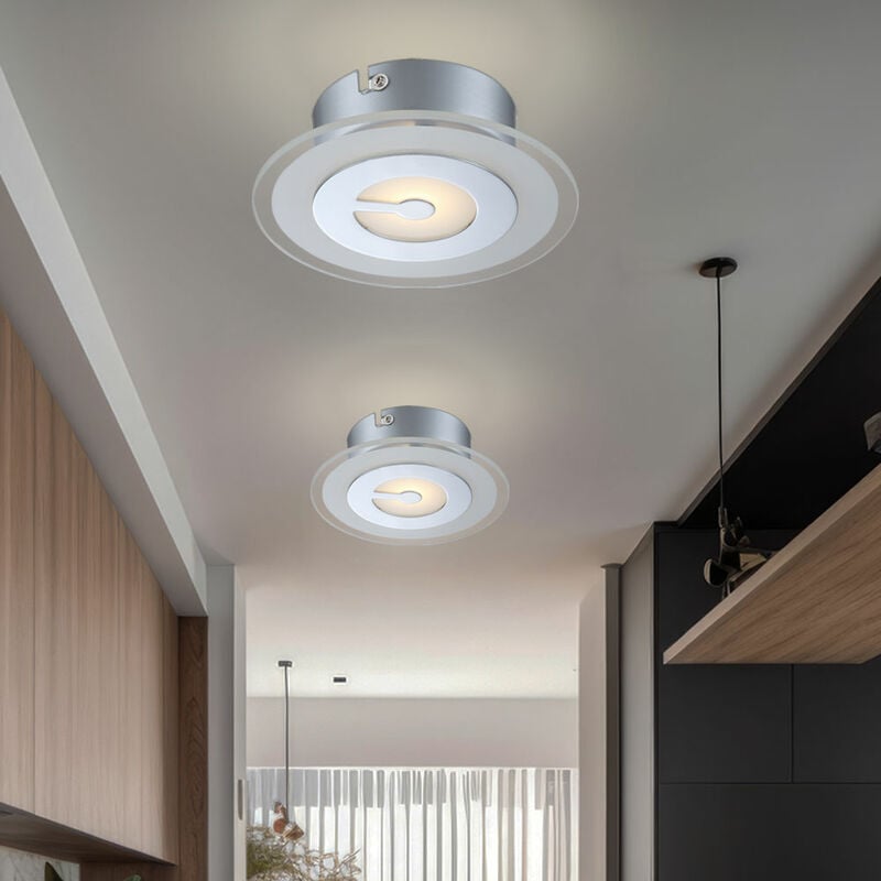 Plafonnier led plafonnier rond lampe de couloir lampe de cuisine chromée, verre partiellement satiné, 5W 400lm blanc chaud, DxH 16x5,2 cm, lot de 2