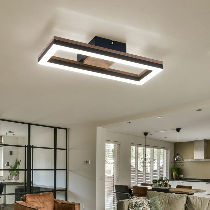 Plafonnier led plafonnier salon lumière salle à manger lampe chambre lampe, métal aspect bois plastique noir, 12W 600lm 3000K blanc chaud, l 34,5 cm