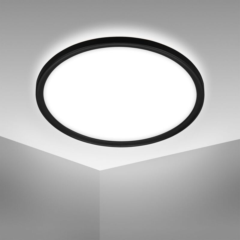 Plafonnier LED ultrafin salle de bain 420mm rond 22W 2900lm 4000K lumière blanche neutre fond lumineux noir lampe plafond IP44 salle de bain cuisine Plafonnier LED ultrafin salle de bain 420mm rond 22W 2900lm 4000K lumière blanche neutre fond lumineux noir lampe plafond IP44 salle de bain cuisine