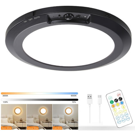 Plafonnier LED rechargeable avec détecteur de mouvement, applique murale avec télécommande, intensité variable, 3 températures de couleur, 18 cm