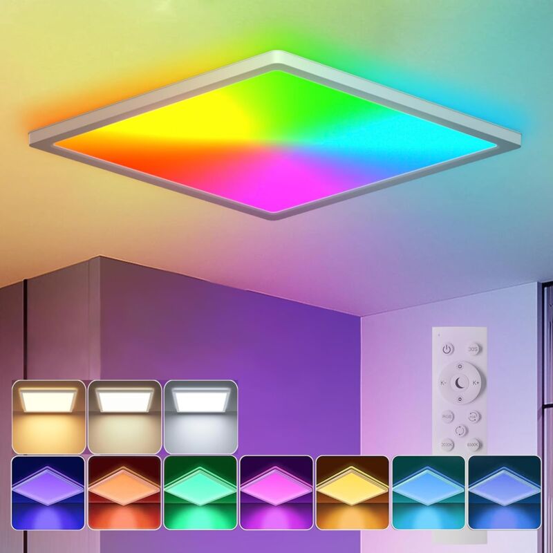 Plafonnier led rgb avec Télécommande, 24W 2400LM Dimmer avec Fonction de Changement de Couleur, Plafonnier Moderne Blanc Carré pour Salon Chambre
