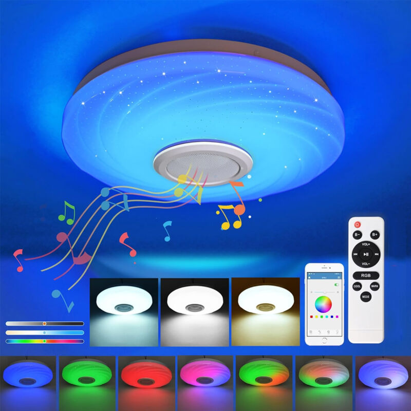 Plafonnier LED RGB Bluetooth 36W Dimmable Ø28 cm – Lampe Connectée avec Télécommande et App, Haut-Parleur Intégré