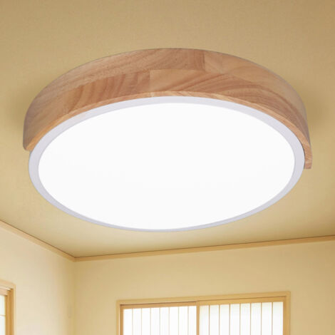 Plafonnier LED rond dimmable en fer et bois avec diffuseur en PC, contrôle APP et télécommande, 40 cm / 15,7 pouces, pour chambre et couloir