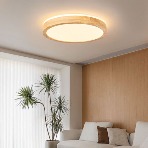 Plafonnier LED rond en bois 3000K à 6500K dimmable, montage encastré avec télécommande, 30 cm / 11,8 pouces, pour chambre et cuisine